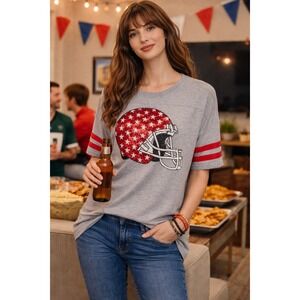 Red White Sequins Sports Football Helmet Graphic Heather‎ Gray T Shirt 22/24 NWT